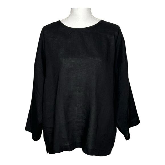 Eileen Fisher Organic Linen Round Neck Box Top L Black - Picture 2 of 12